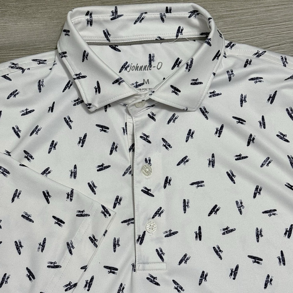Johnnie-O Performance Polo Men's M Surfer Dude Logo All Over Print Golf Stretch
